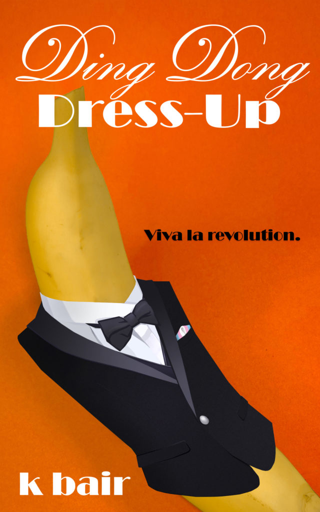 Image shows a banana wearing a tuxedo jacket on an orange background. There is a folded kerchief in the tuxedo pocket in the colors of the transgender pride flag.